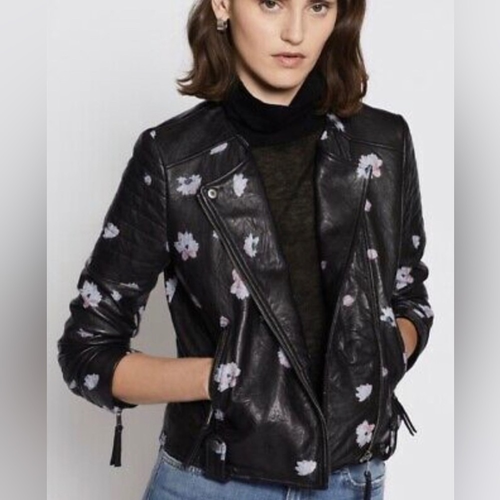 NWOT Joie Thisbe Moto Black Floral Lamb Leather Jacket Size XS - Picture 2 of 16